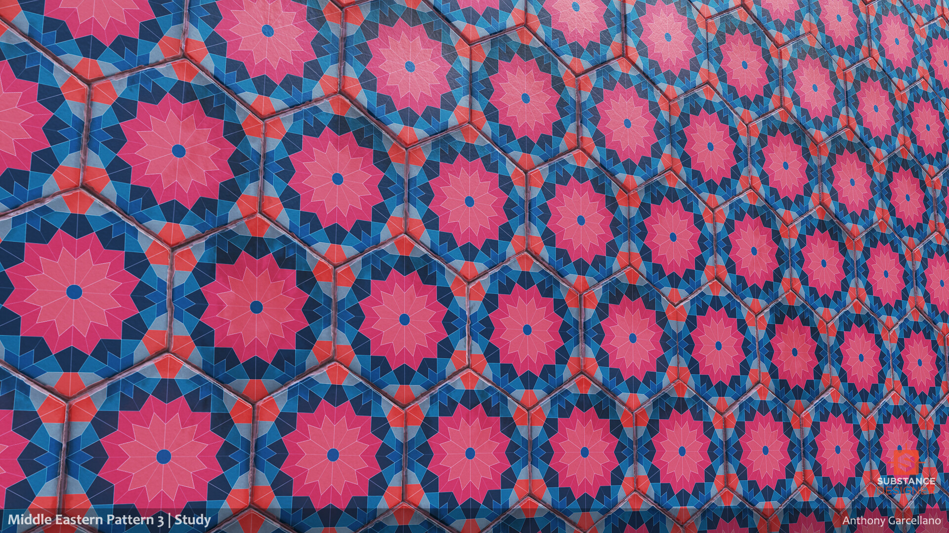 Pink, blue and orange patterned tiles