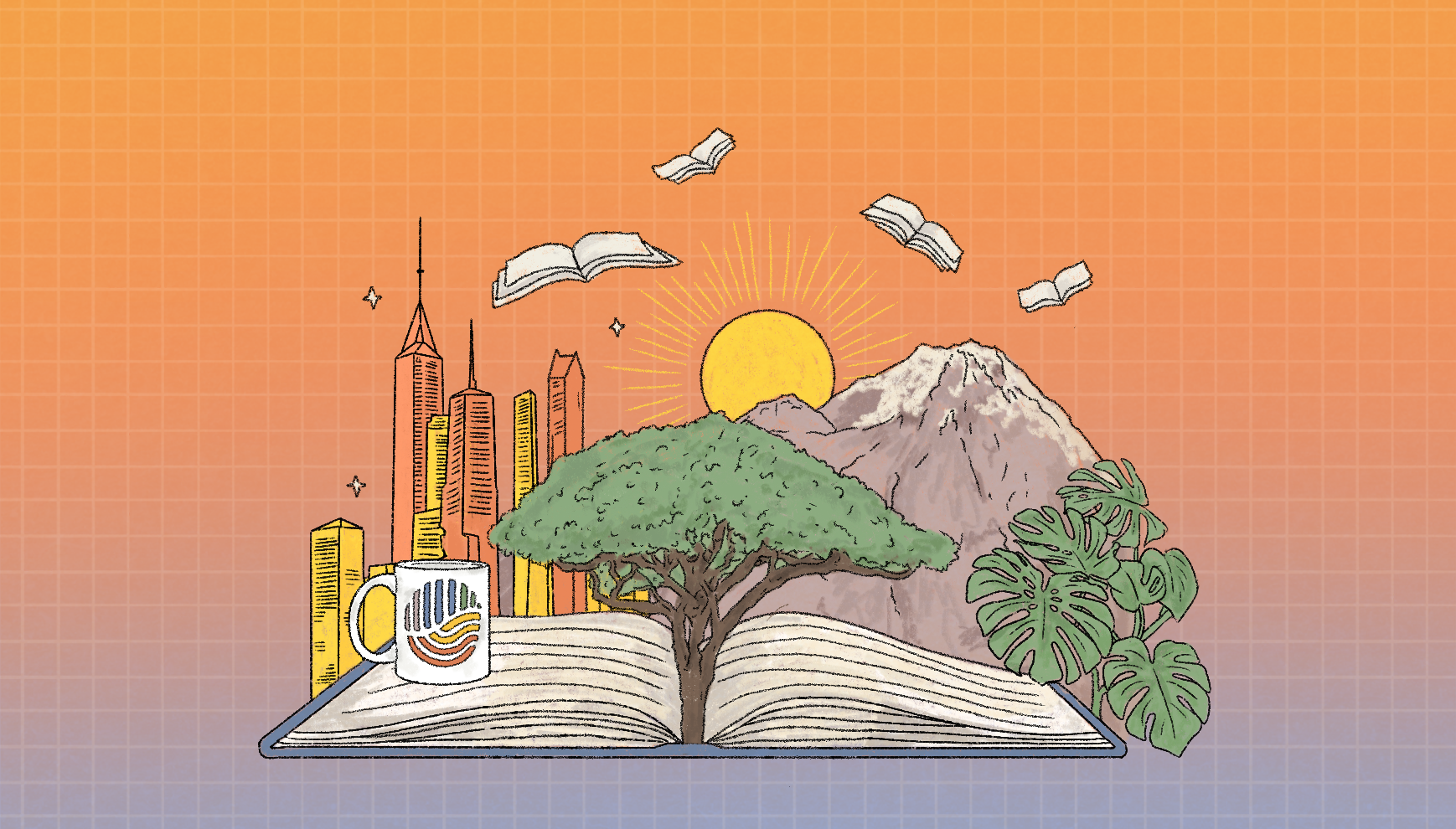 A book with a tree and a coffee cup resting on its cover with a mountan and cityscape in the background creating a warm and welcoming scene.
