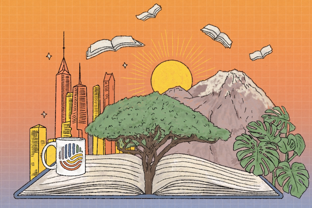 A tree growing out of a book at sunrise with the backdrop of a city and mountains