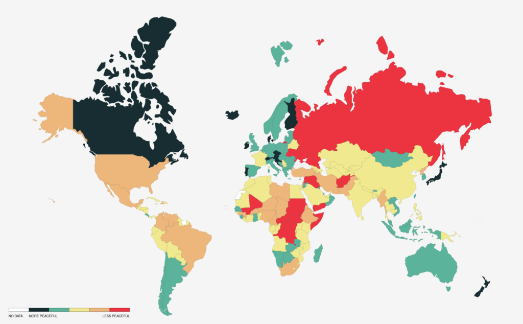 A map of the world showing countires ranked by how peaceful they are.