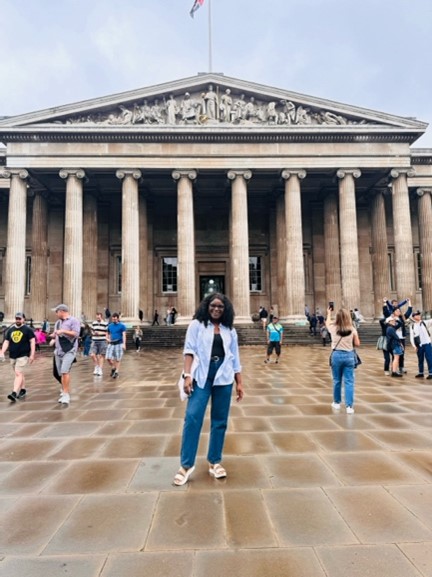 Photo of a woman outside the British Museum